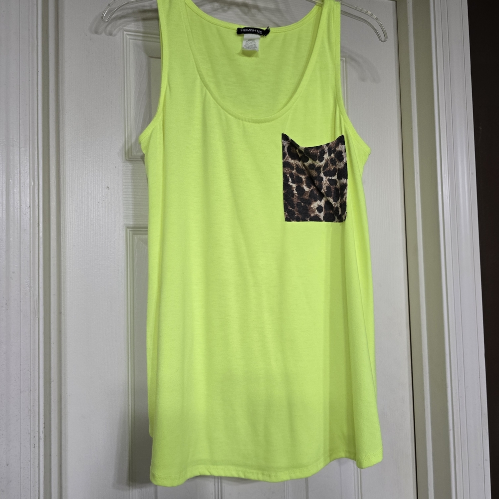 Neon Yellow Tank Top with Leopard Pocket